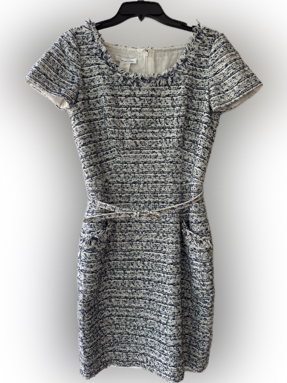 Oscar de la Renta Runway Blue White Tweed Fringe Shift Dress Size 6